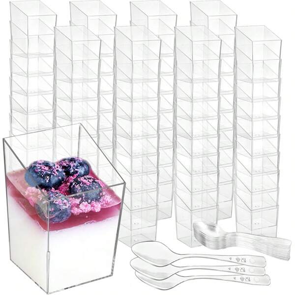 10/20Pcs 3Oz Mini Dessert Cups With Spoons, Clear Slanted Square Dessert Tumbler Thick Plastic Shot Glasses, Appetizer Parfait Cups Small Serving Bowls For Ice Cream, Puddings, Tasting Party