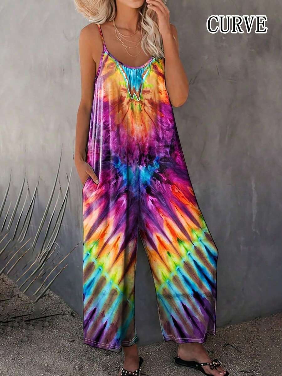 Plus Women's Tie Dye Printed Shoulder Strap Jumpsuit - Purple - View 1