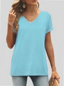 VERACT Women's Loose Fit Casual T Shirt Summer Tassel V Neck Short Sleeve Top - 綠松石 - 查看 3