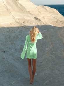 Vestido de manga larga femenino con diseño hueco y translúcido, de estilo romántico y casual para primavera y verano