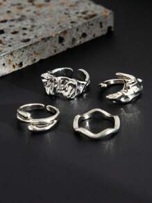 5pcs Minimalist Geometric Liquid Metal Rings Set, Adjustable Fashionable Punk Jewelry For Men