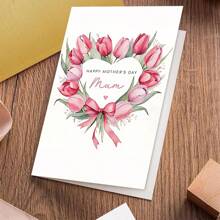 1 pièce, Carte pour la fête des mères avec motif floral (avec enveloppe). Fleurs entourées d'un motif en forme de cœur. Convient pour toute occasion, parfaite carte de vœux pour les mères le jour de la fête des mères (12 cm / 4,7 po x 17 cm / 6,7 po)