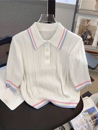 Summer Hollow Design Polo Collar Casual Knitted Top, Versatile College Style