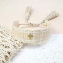 1pc Embroidered Cross Handmade Woven Vintage Boho Minimalist Style Bracelet, Holiday Gift, Party, Daily Wear, Prayer & Blessing - Beige - View 2