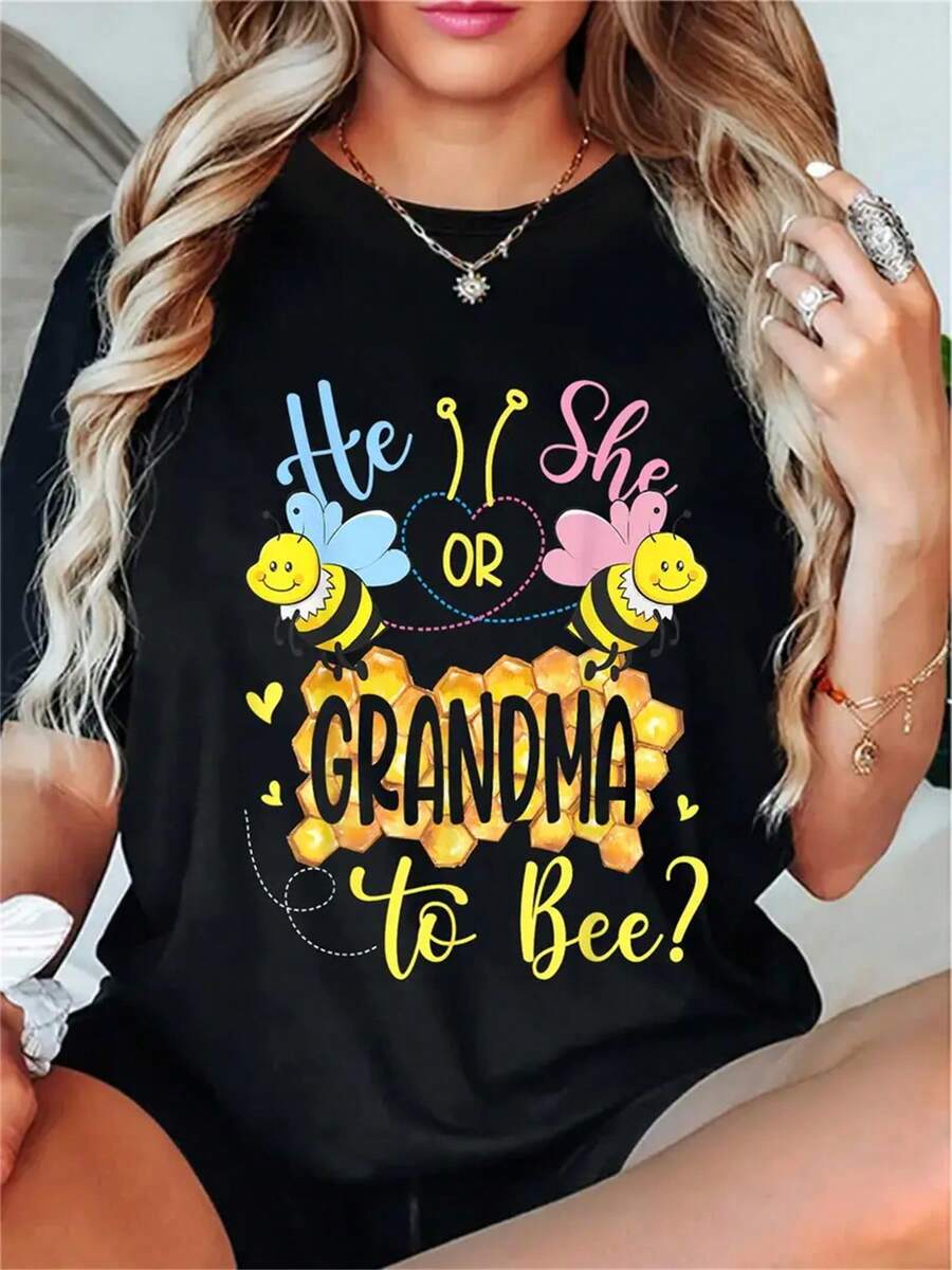 Camiseta de Abuela a Abeja para Mujer - Cuello Redondo de Algodón Negro de 180 g - Top de Manga Corta con Revelación de Género con Lindo Estampado de Abejorro - Regalo Perfecto para Futuros Abuelos - Camiseta Gráfica Cómoda y Elegante - Negro - Ver 1