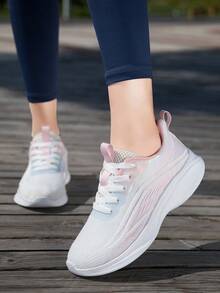 Tênis de corrida feminino leve, multicolorido e com cadarço, respirável, casual, de malha, para atividades ao ar livre - Baby Rosa - Ver 2