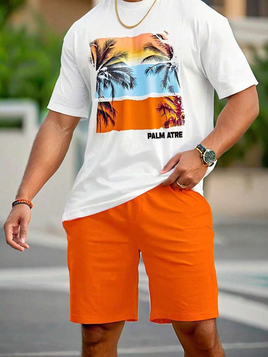 Men's Letter & Palm Tree Printed Crew Neck Short Sleeve Casual T-Shirt - White - View 1
