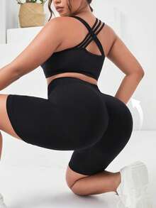 大码运动瑜伽服女士无缝瑜伽套装运动服罗纹针织背心宽腰带收腹短裤健身女套装