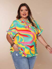 Plus Size Women Casual Holiday Multicolor Graphic Print Tie V-Neck Ruffle Trim Summer Tops