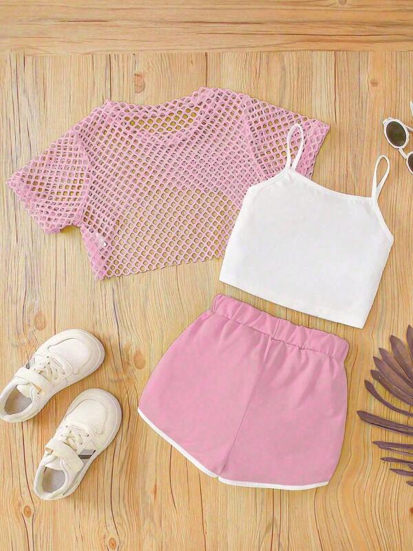 3Pcs Girls Summer Outfit: Brooklyn Letter Print Cami Top + Pink Mesh Overlay Cover Up + Shorts Set, Outdoor Casual Clothing For Girls, Knit Fabric, Elastic, Letter Graphic, Regular Fit, Polyester Blend, Suitable For Summer Outdoor Activities And Gifts