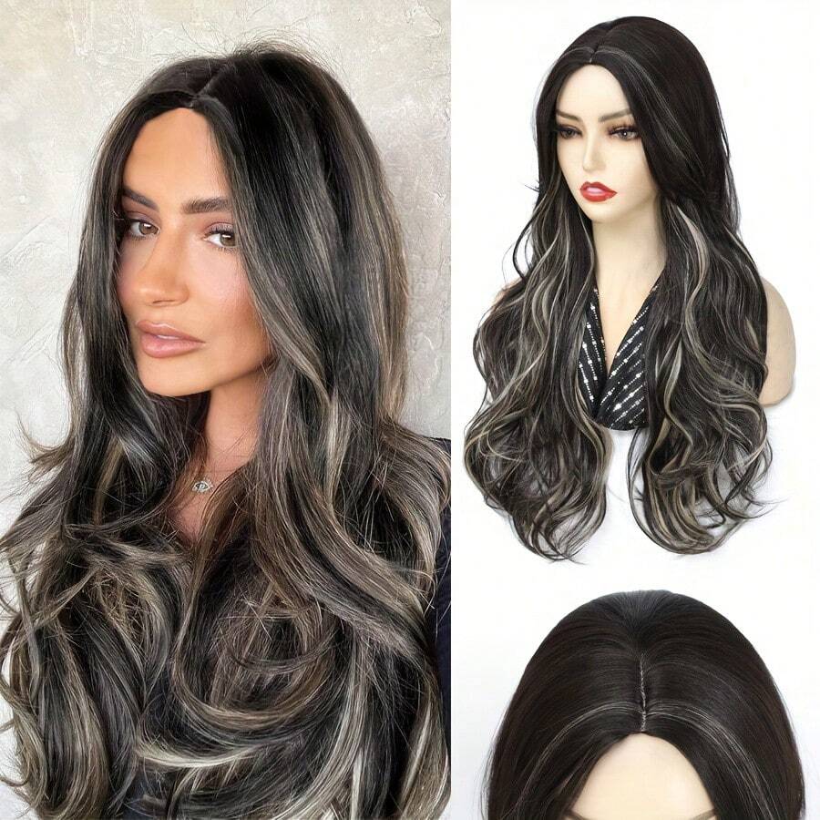 Long Brown Mixed Blonde Wavy Wig For Women,26 Inch Long Middle Part Curly Wavy Wig Synthetic Heat Resistant Fiber Wig Cosplay Costume Halloween Wig