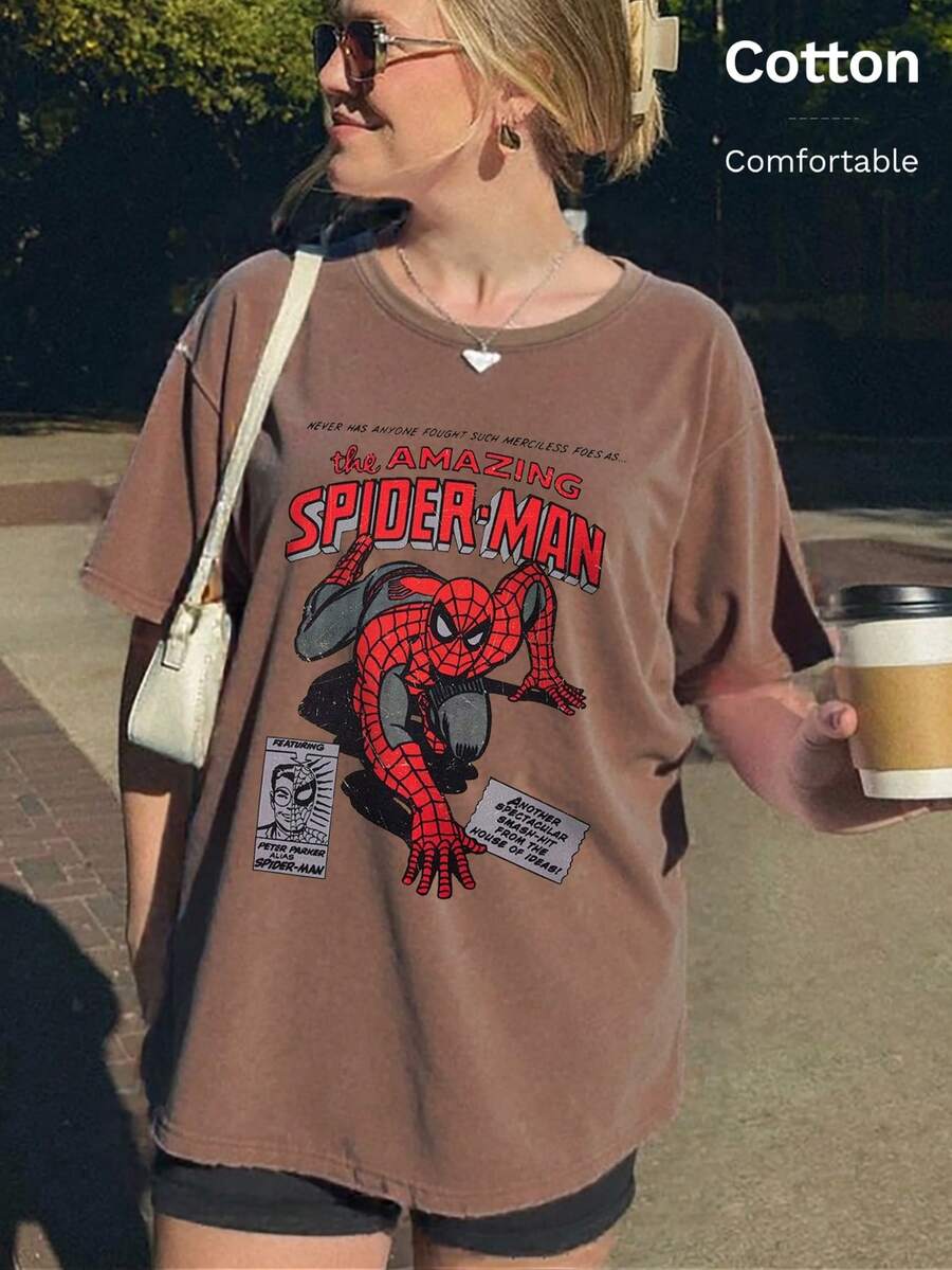 Marvel 漫威联名款女士100%纯棉圆领T恤，超级蜘蛛侠印花，女士春夏百搭上衣，柔软透气咖喱色短袖衬衫 - 咖色 - 查看 1