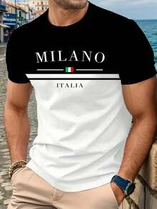 LHEURYSTIC 男士 3D 数码拼色印花 T 恤 - “MILANO ITALIA”图案、休闲运动圆领短袖 T 恤，黑白相间，弹力涤纶混纺，可机洗 - 理想的新年礼物