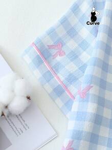 2pcs/Set Plus Size Women's Blue & White Plaid Bow Print Short Sleeve Collared Top With Pocket And Bow Shorts Pajamas Loungewear Set, Spring/Summer, Outfits