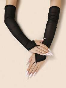 1 Pair Wedding Party Long Arm Fingerless Gloves, Shiny Long Sleeve Cuff Gloves - Black - View 1