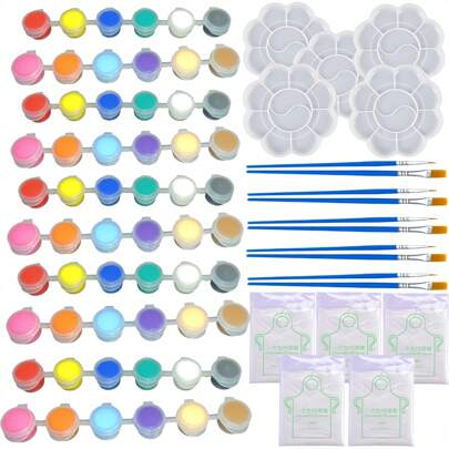 Set de 12 colores de pintura + 2 pinceles, adecuado para manualidades de adultos, modelos, decoraciones, decoración del hogar, pintura.'} {'translate_es':'Set de 60 colores de pintura acrílica con pinceles, paleta, delantal desechable, recipientes - regalo perfecto para el hogar, cumpleaños, fiestas en el aula (colores aleatorios), de vuelta a la escuela