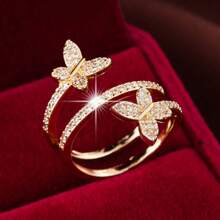 Anillo envolvente abierto con diseño de mariposa, de cobre con circonita sintética, joyería de uso diario ajustable para todas las estaciones