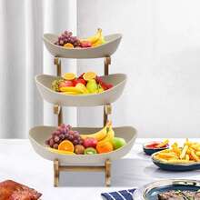 1pc, 3 Layer Ceramic Fruit Display, Ceramic Tray Nordic Luxury Style, 3 Layer Fruit Tray, Creative Candy Display Stand, Large Fruit Basket For Storing Fruits And Vegetables, Living Room Snack Tray, Oval Bowl Set - Khaki - View 5