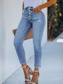 Stretchy Single-Breasted Women's Denim Skinny Casual Pants - Light Wash - View 5