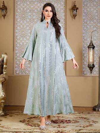 植物叶印花机织面料亮片拼布 V 领绿色伊斯兰女式长袍，适合节日、婚礼、海滩度假、生日派对、正式晚宴、旅行，四季皆宜