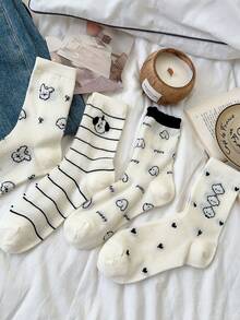 6pairs White Mesh Cartoon Puppy Socks For Women In Middle Socks Summer Thin Jk Piles Of Stockings