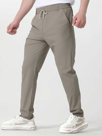 1 条男士纯色松紧腰休闲裤，轻便透气时尚裤，夏季休闲，户外徒步，运动