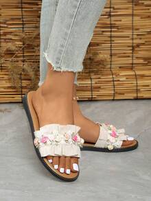 Damskie codzienne płaskie sandały plażowe z nadrukiem kwiatowym, odpowiednie na wakacje i na zewnątrz - Beżowy - Zobacz 5