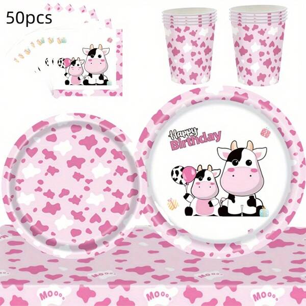 50pcs Pink Cow Themed Disposable Tableware Set, Includes 7in & 9in Paper Plates, Napkins, Cups, Thickened Disposable Tableware Set Suitable For Birthday Party, Theme Party, Outdoor Gathering, Family Gathering, Daily Use