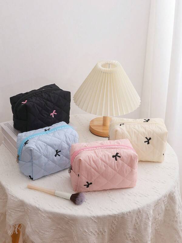 Conjunto de bolsa de cosméticos feminina com bordado e acolchoado, bolsa de maquiagem grande com estampa de macaron, bolsa leve e fofa para itens de higiene pessoal, adequada para viagens, uso diário, volta às aulas, organizadora de cosméticos, itens essenciais para as férias