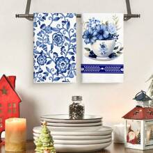 [2 Peças Toalhas de Cozinha de Porcelana Azul e Branca] Toalhas de Cozinha contemporâneas com Estampa de Porcelana Azul e Branca, Conjunto de Panos de Prato e Toalhas de Poliéster, Lavável em Máquina, Oblongo, Design Floral Cartoon, Tecido Tricotado, Secagem Rápida, Sem Fiapos - Perfeito para Lavar Louça e Decoração Doméstica