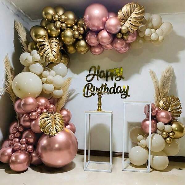 Juego de arco de globos color oro rosa - 126 piezas que incluye globos color oro rosa, blancos y dorados cromados, con hojas doradas, adecuado para regalos de novia, fiestas de cumpleaños, bodas, graduaciones y aniversarios