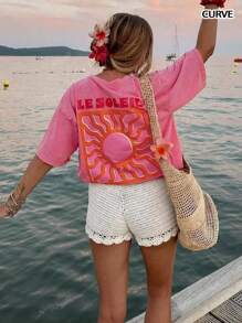 Plus Size Women's Plus Size Spring And Summer Fashion Casual Boho Vacation Simple Commuting English Letters Sun Print Round Neck Pullover T-Shirt Brunch Outfits For Women