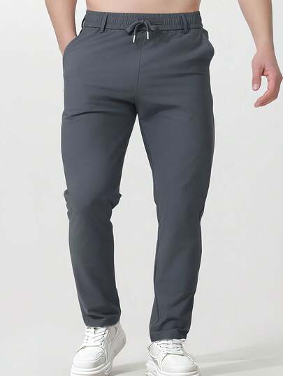 1pc Men's Solid Color Elastic Waist Casual Pants, Lightweight Silky, Summer Casual, Outdoor Hiking, Travel, Sports Long Trousers