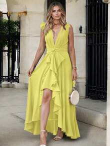 Long Dress With Front Slit, V-Neck, And Adjustable Belt - Yellow - View 2