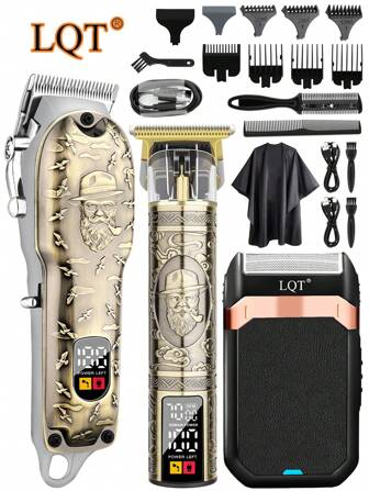 LQT 3件套/2件套/1件套家庭理发工具套装，包含无线理发器、T型修剪器和胡须修剪器 - 锋利、无线、USB充电、多功能理发用品，适合居家和旅行，父亲节或圣诞节男士礼物，理想的日常修剪工具