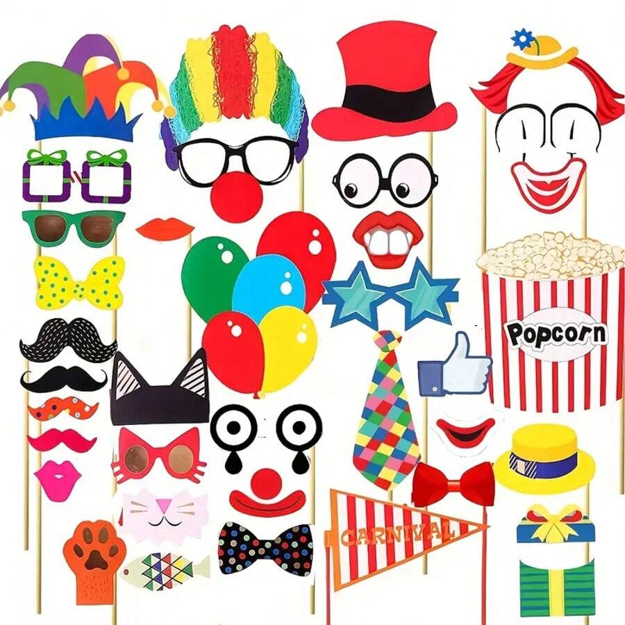 36Pcs Circus Photo Booth Props Set, With Stickers, Fun Carnival Theme Party Decorations For Wedding, Birthday, Party, Photobooth Props With Mustache, Hat, Glasses, Lips, Bow Tie