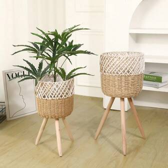 1 Piece Of Nordic-Style Floor-Standing Solid Wood Flower Rack With Hand-Wovenleaves. It's A Bamboo-Woven Storage Rack Suitable For The Living Room (Placed Beside The Sofa), And Can Be Used On The Balcony For Green Radish Flower Pots Or As A Flower Rack For Seedling Pots In The Office.