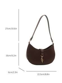 1pc Zipper Closure Solid PU Crescent Shaped Shoulder Bag, Vintage Style Suitable For Office Lady And Daily Work - Coffee - View 12