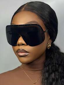 1 Pair Extra Large One-Piece Metal Fashion Glasses, Brown Frame, Retro High-End, Customizable, Suitable For Men And Women, Ideal For Daily Wear, Street Photography, Vacation, Travel, Beach And Other Occasions. - Black - View 3