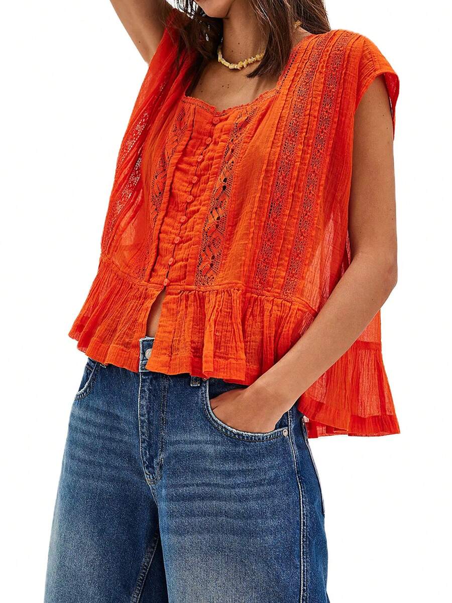 Women Summer Boho Tie Front Lace Trim Tank Tops Y2k Flowy Frilly Chiffon Vest Beach Button Ruffle Eyelet Tank Tops - trái cam - Xem 1