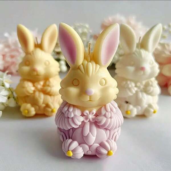 1 pieza Molde de silicona de conejo de pascua, con orejas paradas y relieve floral, adecuado para decoración del hogar y decoración de regalos