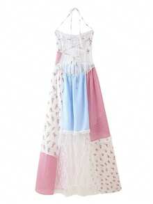 Women Ditsy Floral Contrast Lace Backless Sleeveless Halter Long Dress, Boho,Vacation, Wedding, Summer Dress, Vacation Outfits Women,Old Money,  Saint Patrick  St Patrick Day Outfit, Easter Dress Women,Backless Dress, Cowgirl Outfit, Wedding Dress - Multicolor - View 5