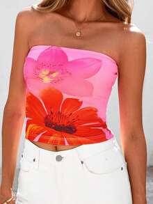 Women's Summer Tube Tops Strapless Sleeveless Floral Print Bandeau Tops Going Out Shirts - Pink - View 1
