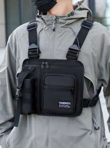 户外胸包，轻便战术背心胸包，适合跑步、骑行，适合户外训练，男士跑步胸包，带水瓶架，储物空间大，黑色，胸部装备 2000 年代风格街头服饰