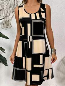 Vacation Dress Women Geometric Pattern Sleeveless Dress For Summer Clothes, Midi Dresses, Daily Dresses For Women Summer Elegant - Apricot - View 2