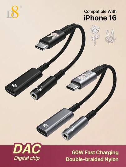 D8 USB C 转 3.5 毫米耳机和充电器适配器，2 合 1 USB C 转 Aux 音频插孔，带 PD 60W 快速充电加密狗电缆线，兼容 16 / I Phone16 Pro / I Phone 16 Pro Max/ I Phone 15/15 Pro/15 Pro Max/15 Plus、iPad Pro、Air5、Air、S Amsung S23/S22+ Galaxy S10 S9 S8 Plus、Note 9 8、A11 A20 A51、G6 G7 V30 V35、Moto Z2