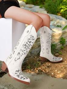 Women's Wedge Heel Boots Pointed Toe Pull-On Retro Boot Low Chunky Heels Western Side Ankle Boots Mid-Calf Outdoor Summer Spring Shoes - 白色 - 查看 2