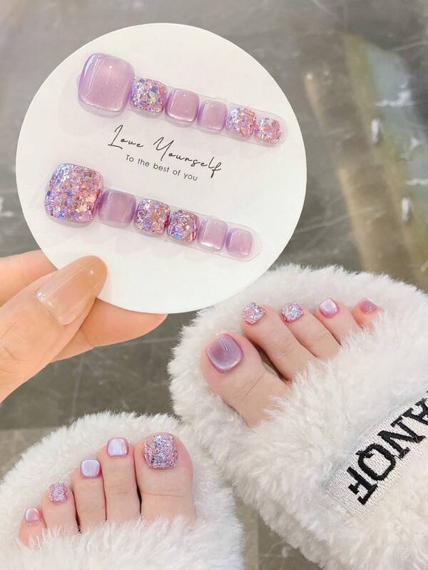 12Pcs Toe Nail Art Stickers Set, Handmade Toe Decoration, Lavender Glitter Nail Polish Strips, Press-On Nail Stickers For Quick Manicure Press On Nails Nail Supplies Nails