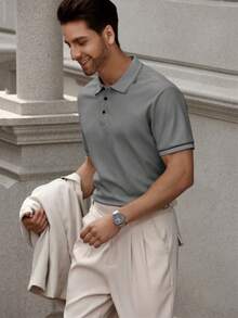 男士大码条纹短袖休闲办公Polo衫 - 深灰色 - 查看 3