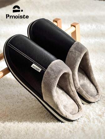 Men Winter Slippers Imitation Leather Warm Fluffy Non-Slip Memory Foam Bedroom Shoes Winter Classic Warm Soft Male Slipper Black